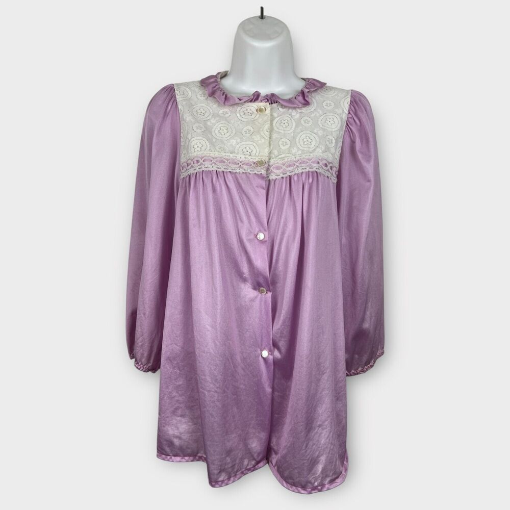 Vintage 1960s Sleep Night Shirt AVIAN Purple Lace ruffle‎ collar Large coquette
